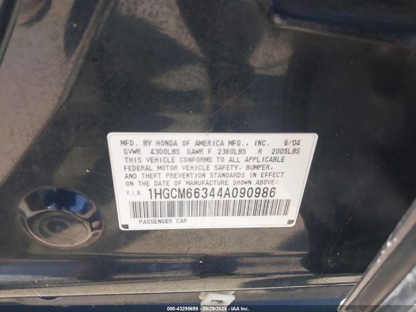 2004 Honda Accord 3.0 Lx VIN: 1HGCM66344A090986 Lot: 43295699