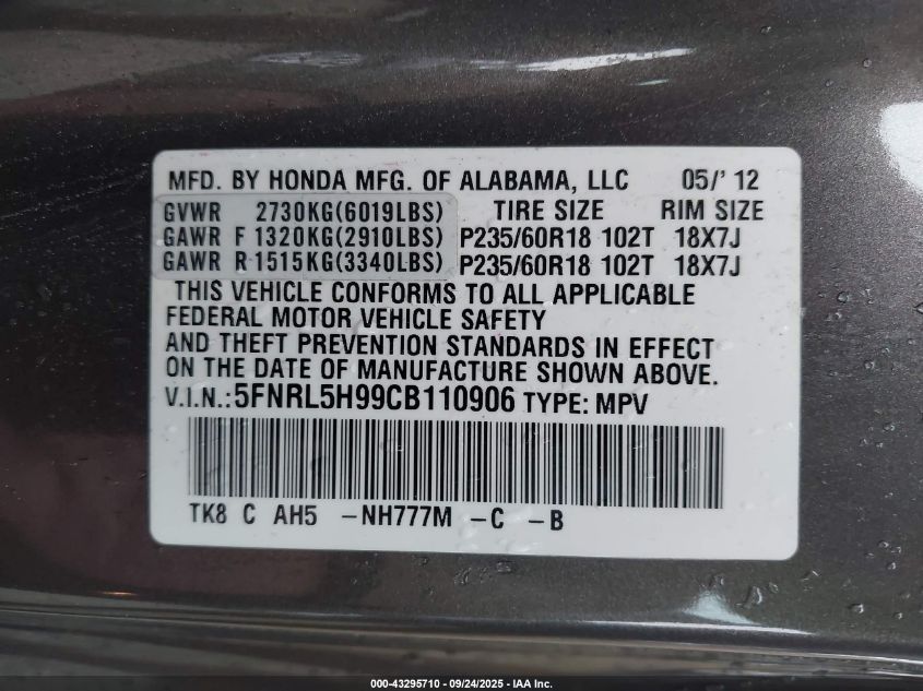 2012 Honda Odyssey Touring/Touring Elite VIN: 5FNRL5H99CB110906 Lot: 43295710