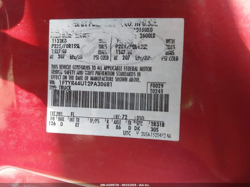 2002 Ford Ranger Edge/Tremor/Xlt VIN: 1FTYR44U12PA30681 Lot: 43295720