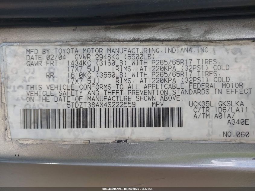 2004 Toyota Sequoia Limited V8 VIN: 5TDZT38AX4S222559 Lot: 43295724