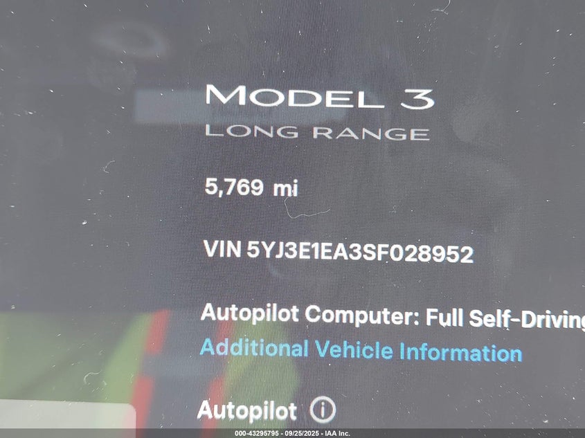 2025 Tesla Model 3 Long Range Rear-Wheel Drive VIN: 5YJ3E1EA3SF028952 Lot: 43295795