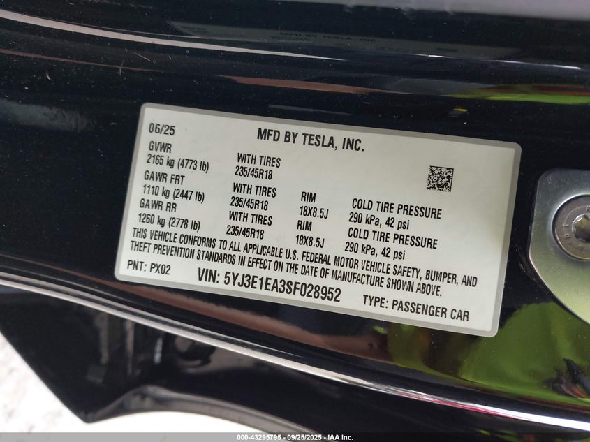 2025 Tesla Model 3 Long Range Rear-Wheel Drive VIN: 5YJ3E1EA3SF028952 Lot: 43295795