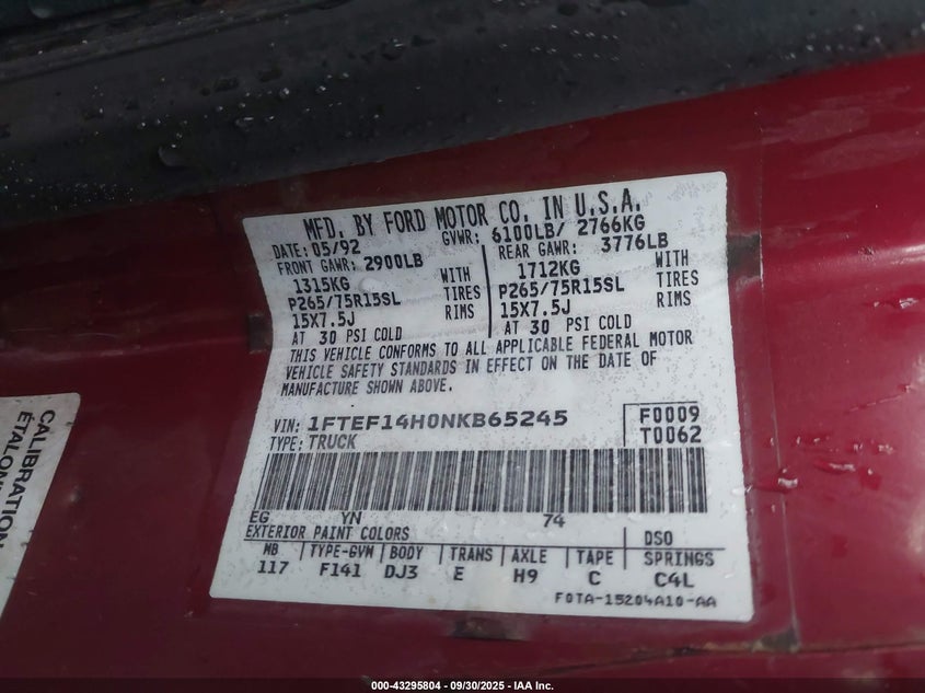 1992 Ford F150 VIN: 1FTEF14H0NKB65245 Lot: 43295804