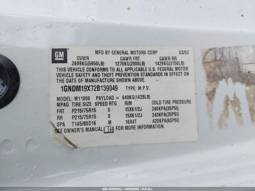 2002 Chevrolet Astro Ls VIN: 1GNDM19X72B139049 Lot: 43295822