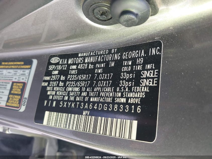 2013 Kia Sorento Lx VIN: 5XYKT3A64DG383316 Lot: 43295824