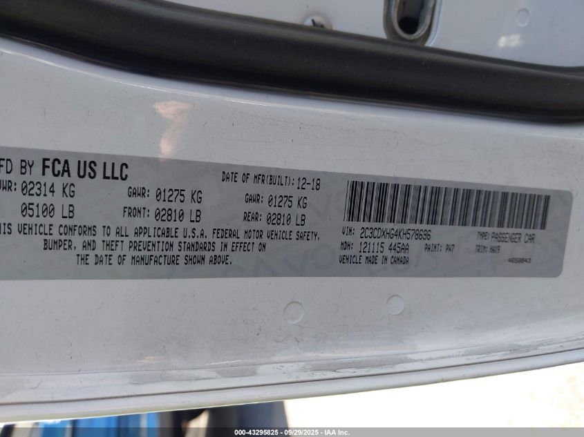 2019 Dodge Charger Gt Rwd VIN: 2C3CDXHG4KH578696 Lot: 43295825