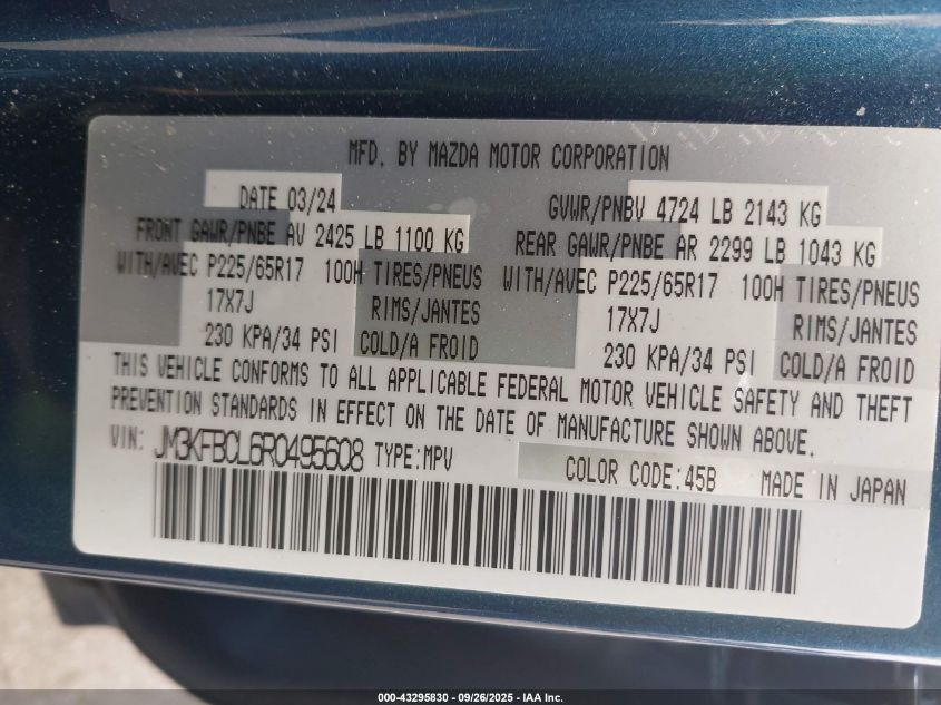 2024 Mazda Cx-5 2.5 S Preferred VIN: JM3KFBCL6R0495608 Lot: 43295830