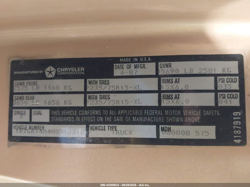 1987 Dodge Dakota VIN: 1B7GR14M4HS512318 Lot: 43295833