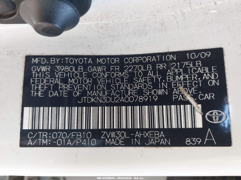 2010 Toyota Prius Ii VIN: JTDKN3DU2A0078919 Lot: 43295835