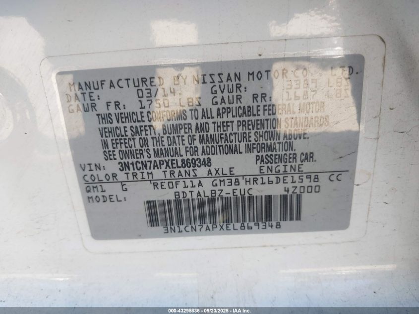 2014 Nissan Versa 1.6 Sv VIN: 3N1CN7APXEL869348 Lot: 43295836