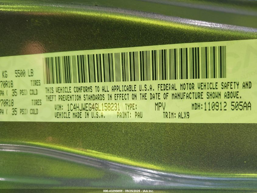 2016 Jeep Wrangler Unlimited Sahara VIN: 1C4HJWEG4GL158231 Lot: 43295859