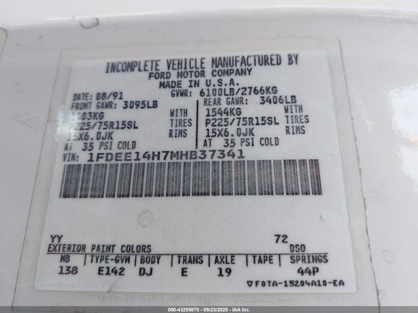 1991 Ford Econoline E150 Van VIN: 1FDEE14H7MHB37341 Lot: 43295870