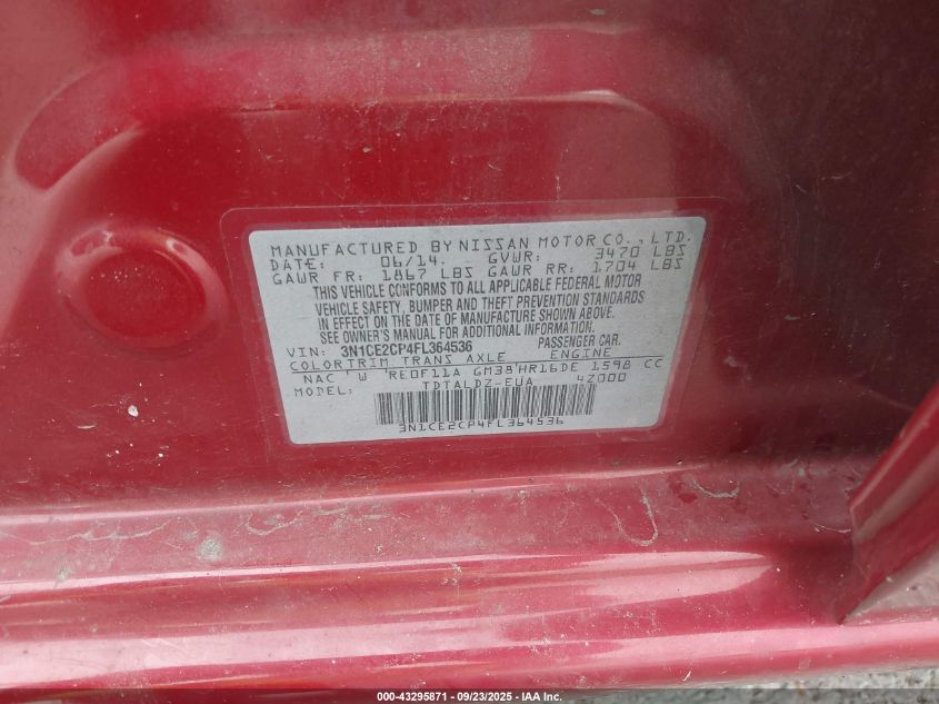 2015 Nissan Versa Note S (Sr)/S Plus/Sl/Sr/Sv VIN: 3N1CE2CP4FL364536 Lot: 43295871