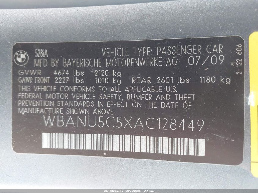 2010 BMW 528I VIN: WBANU5C5XAC128449 Lot: 43295875