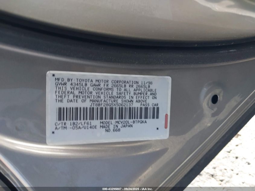 1999 Lexus Es 300 VIN: JT8BF28G5X5062137 Lot: 43295887