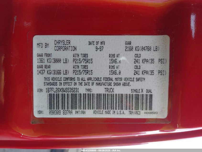 1998 Dodge Dakota Slt/Sport VIN: 1B7FL26X9WS535231 Lot: 43295889