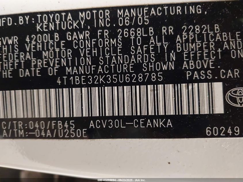 2005 Toyota Camry Le VIN: 4T1BE32K35U628785 Lot: 43295894