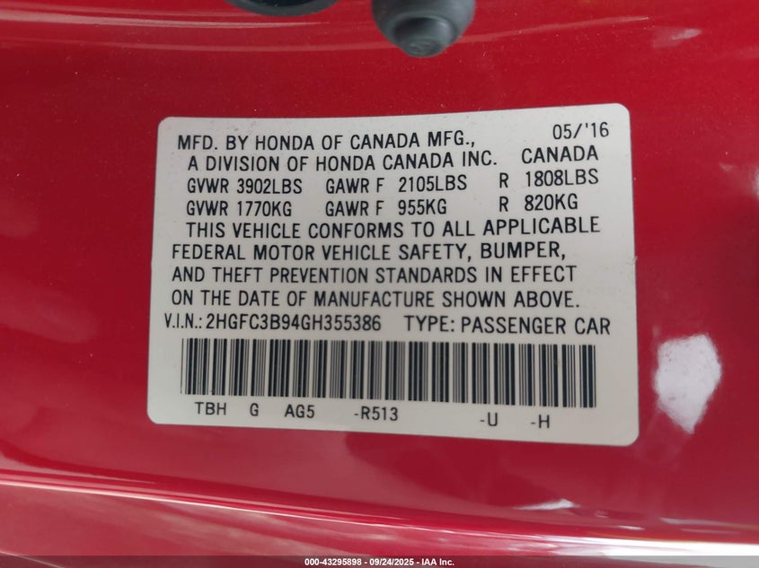 2016 HONDA CIVIC TOURING - 2HGFC3B94GH355386