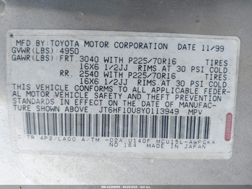 2000 Lexus Rx 300 VIN: JT6HF10U8Y0113949 Lot: 43295899