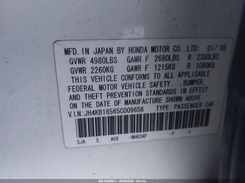 2005 Acura Rl 3.5 VIN: JH4KB16565C009656 Lot: 43295911