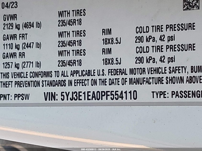 2023 Tesla Model 3 Rear-Wheel Drive VIN: 5YJ3E1EA0PF554110 Lot: 43295913