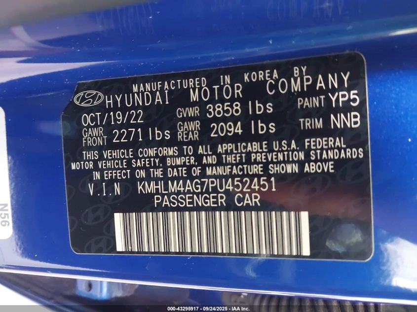 2023 Hyundai Elantra Sel VIN: KMHLM4AG7PU452451 Lot: 43295917