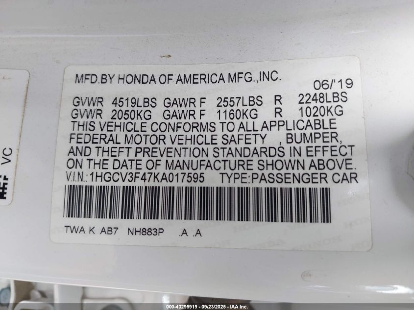 2019 Honda Accord Hybrid Ex VIN: 1HGCV3F47KA017595 Lot: 43295919