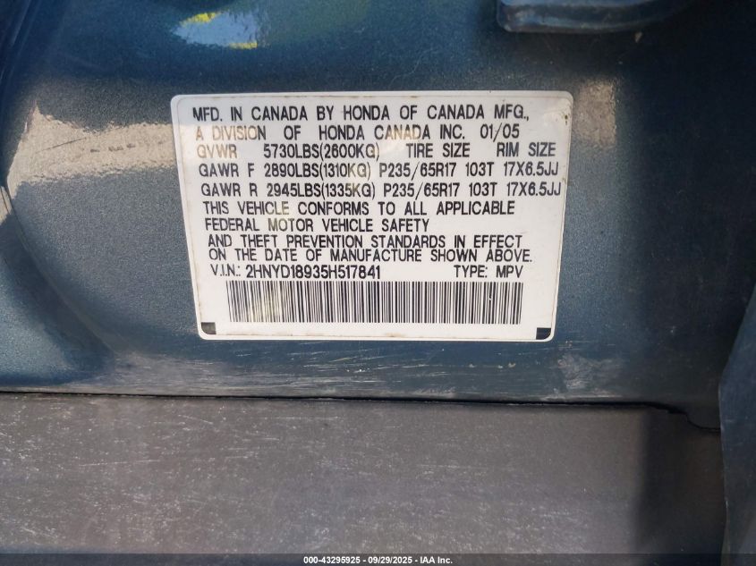2005 Acura Mdx VIN: 2HNYD18935H517841 Lot: 43295925