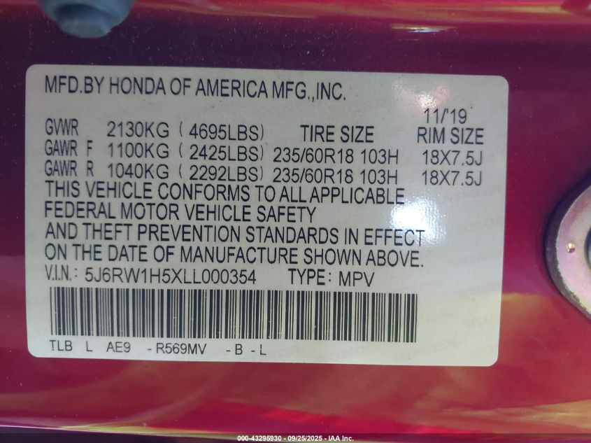 2020 Honda Cr-V 2Wd Ex VIN: 5J6RW1H5XLL000354 Lot: 43295930