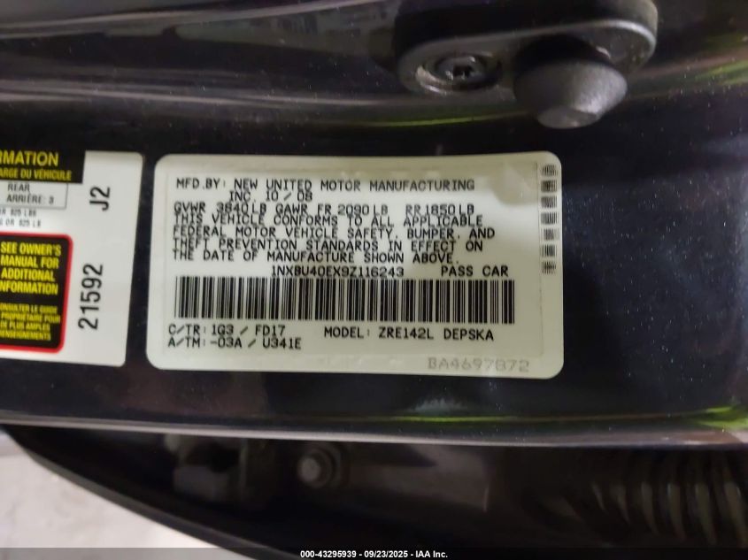 2009 Toyota Corolla S VIN: 1NXBU40EX9Z116243 Lot: 43295939