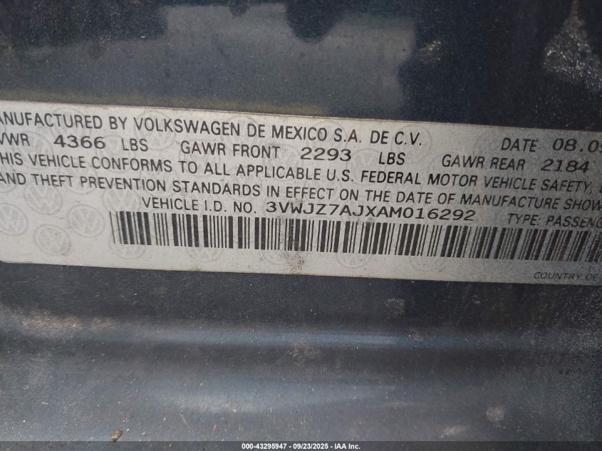 2010 Volkswagen Jetta S VIN: 3VWJZ7AJXAM016292 Lot: 43295947