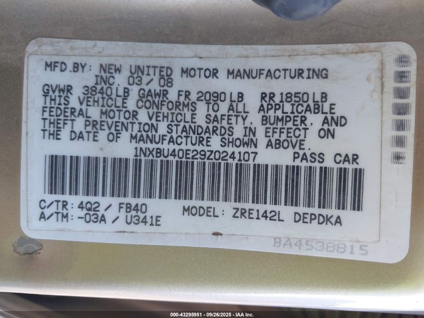 2009 Toyota Corolla Le VIN: 1NXBU40E29Z024107 Lot: 43295951