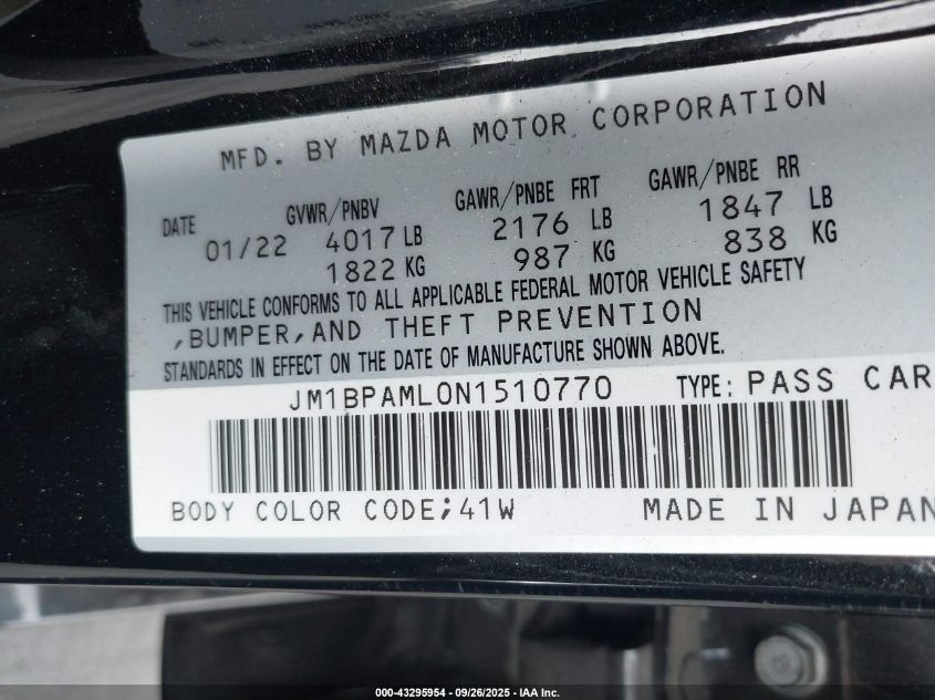 2022 Mazda Mazda3 Premium VIN: JM1BPAML0N1510770 Lot: 43295954