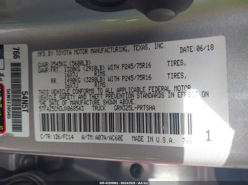 2018 Toyota Tacoma Sr5 V6 VIN: 5TFAZ5CN3JX068543 Lot: 43295962
