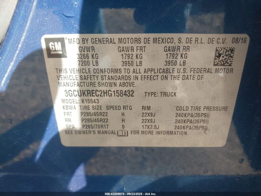 2017 Chevrolet Silverado 1500 2Lt VIN: 3GCUKREC2HG158432 Lot: 43295978