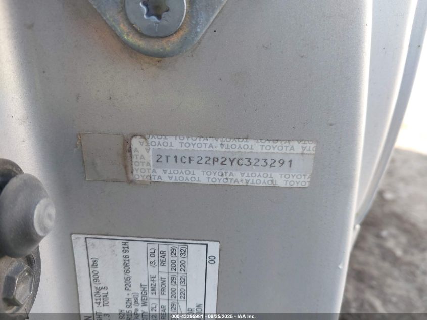 2000 Toyota Camry Solara Se V6 VIN: 2T1CF22P2YC323291 Lot: 43295981
