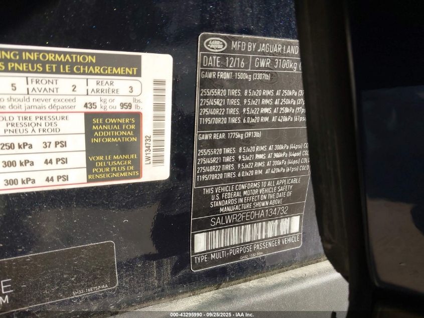 2017 Land Rover Range Rover Sport 5.0L V8 Supercharged/5.0L V8 Supercharged Dynamic VIN: SALWR2FE0HA134732 Lot: 43295990