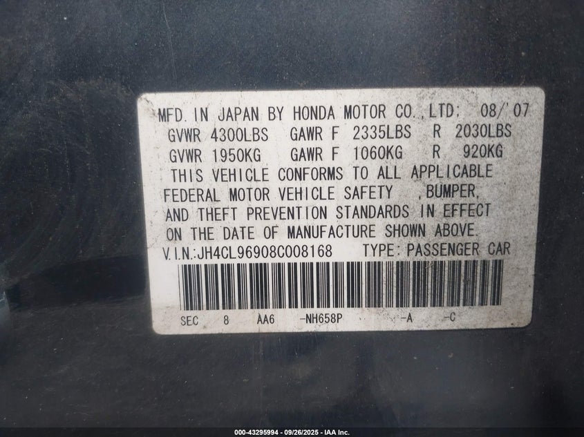 2008 Acura Tsx VIN: JH4CL96908C008168 Lot: 43295994