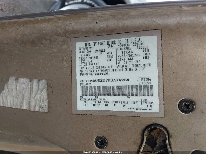 1991 Ford Explorer VIN: 1FMDU32X7MUA74964 Lot: 43295996