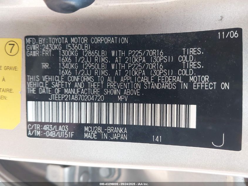 2007 Toyota Highlander V6 VIN: JTEEP21A870204720 Lot: 43296006