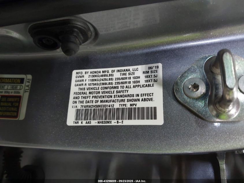 2019 Honda Cr-V Ex VIN: 7FARW2H58KE031412 Lot: 43296009