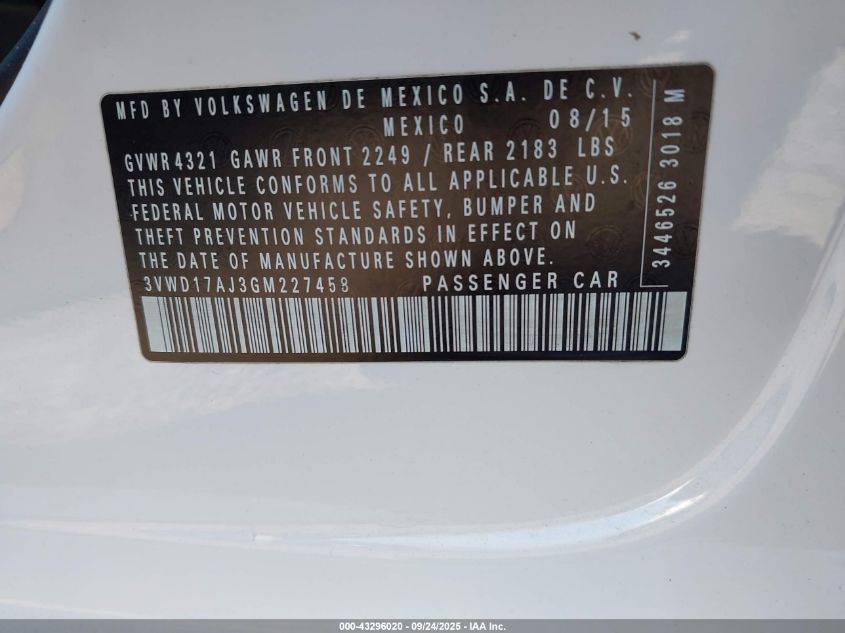 2016 Volkswagen Jetta 1.8T Sport VIN: 3VWD17AJ3GM227458 Lot: 43296020