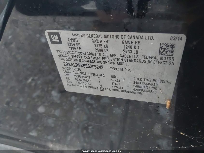 2014 GMC Terrain Sle-2 VIN: 2GKALREK6E6305242 Lot: 43296021