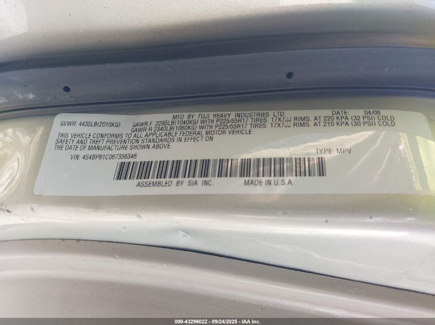 2006 Subaru Outback 2.5I VIN: 4S4BP61C067356346 Lot: 43296022