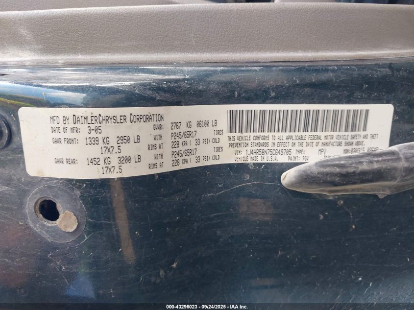 2005 Jeep Grand Cherokee Limited VIN: 1J4HR58N75C649705 Lot: 43296023