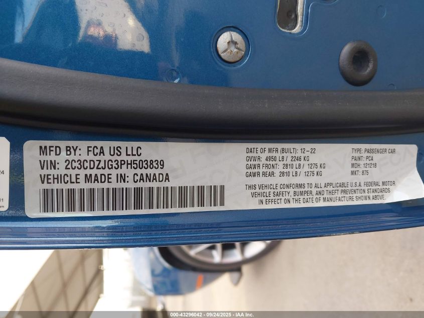 2023 Dodge Challenger Gt VIN: 2C3CDZJG3PH503839 Lot: 43296042