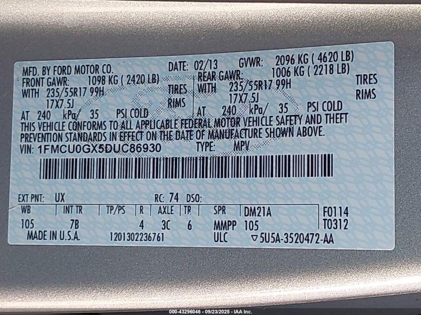 2013 Ford Escape Se VIN: 1FMCU0GX5DUC86930 Lot: 43296046