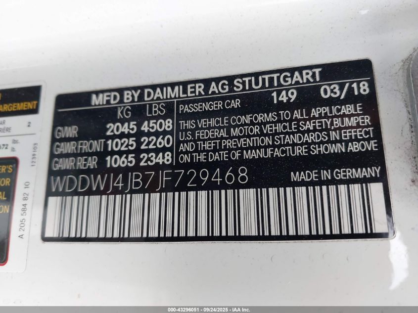 2018 Mercedes-Benz C 300 VIN: WDDWJ4JB7JF729468 Lot: 43296051
