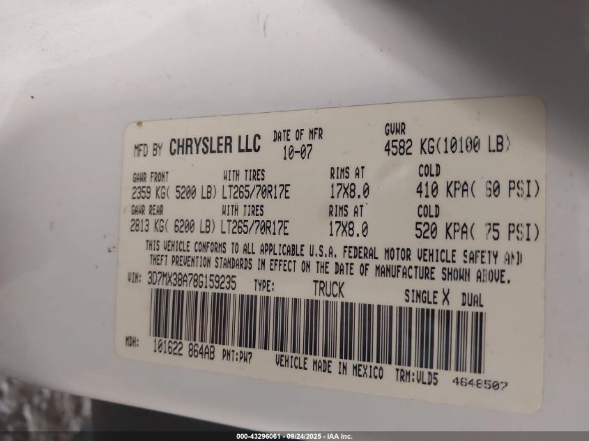 2008 Dodge Ram 3500 Laramie VIN: 3D7MX38A78G159235 Lot: 43296061