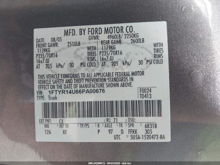 2006 Ford Ranger Sport/Stx/Xl/Xlt VIN: 1FTYR14U66PA00676 Lot: 43296072